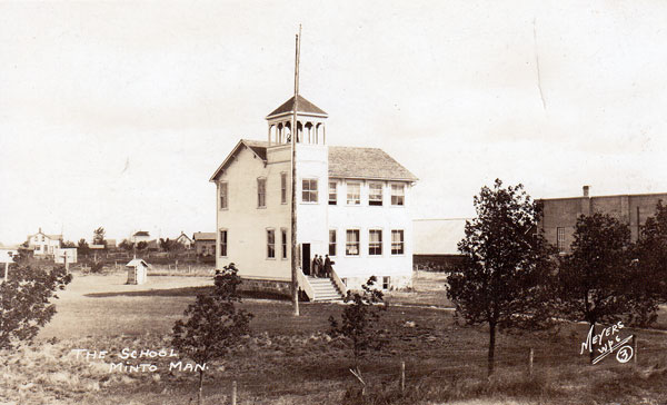 Postcard view of the original wood frame, two-storey Minto School