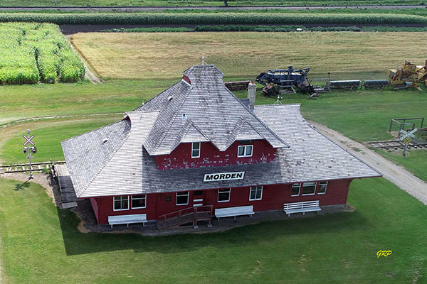 Aerial view of the former Canadian Pacific Railway Station at the Pembina Threshermen’s Museum