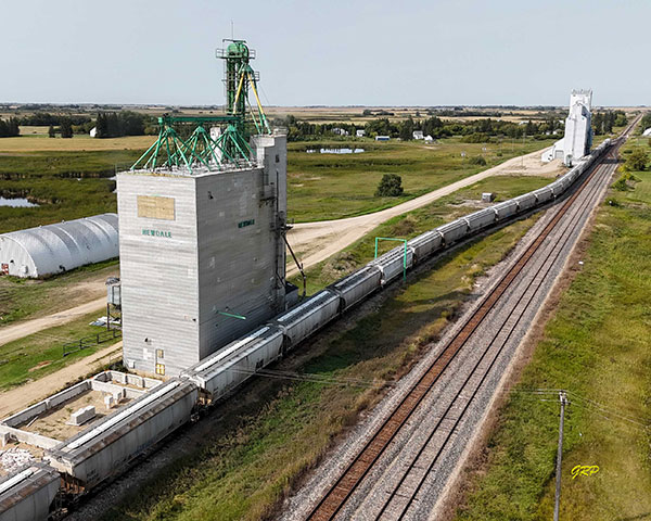 Aerial view of the former Delmar Commodities grain elevator at Newdale