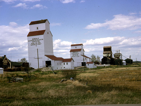 Manitoba Pool A and B elevators at Newdale, with UGG elevators in the background