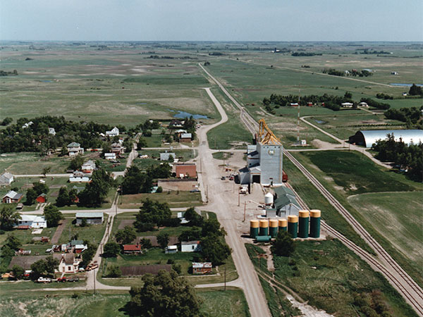 Aerial view of the Manitoba Pool grain elevator at Ninga