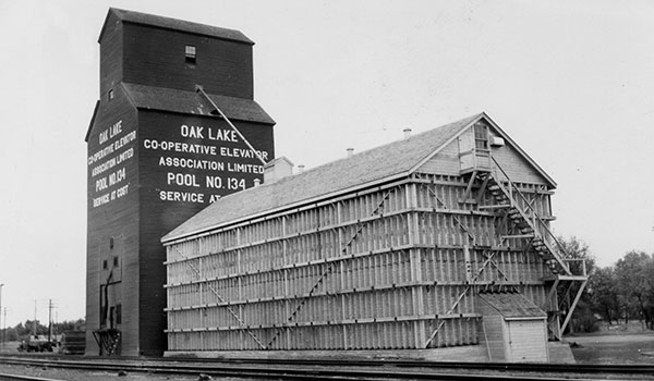 The Manitoba Pool grain elevator at Oak Lake with its newly constructed balloon annex