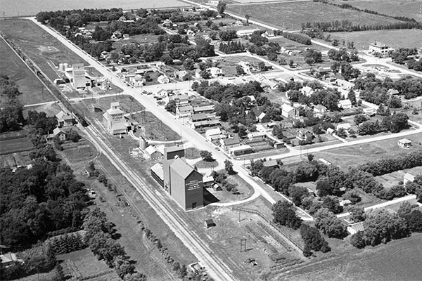 Aerial view of Oakville grain elevators