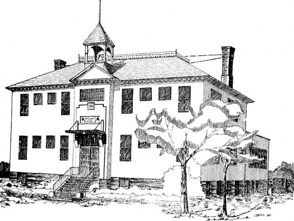 Sketch of the Oakville School building by Charlotte Jones