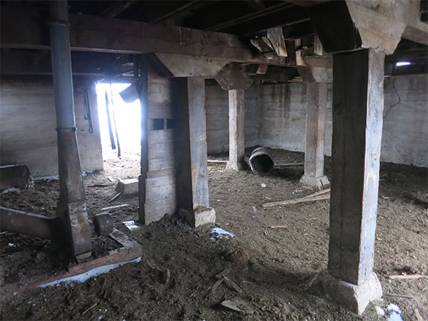 Grain blower (left) and delivery spouts (top) under the former Olmstead family grain elevator