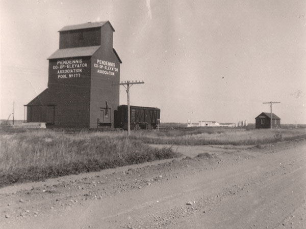 View of Pendennis showing the grain elevator, livestock loading shoot, and train station