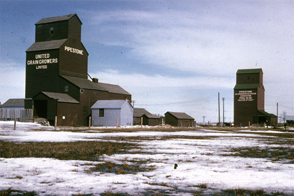 Manitoba Pool grain elevator at Pipestone at right, with the United Grain Growers grain elevator at left