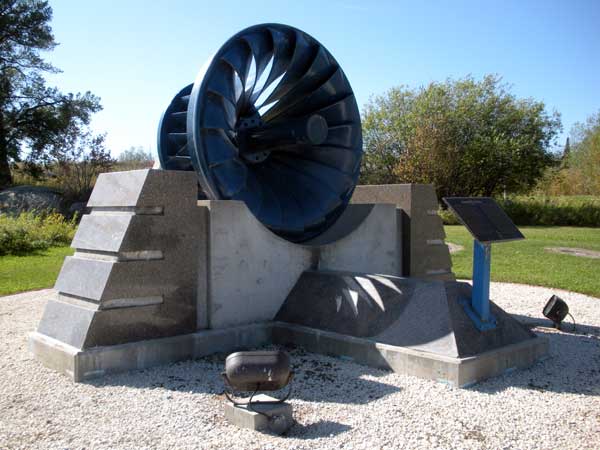 Pointe du Bois turbine monument erected in 2002 by Winnipeg Hydro