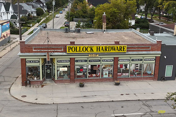 Aerial view of Pollock Hardware Store