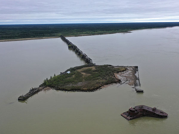 Aerial view of the dredge Port Nelson aground on the artificial island