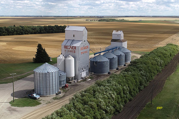 Aerial view of the grain elevators at Purves