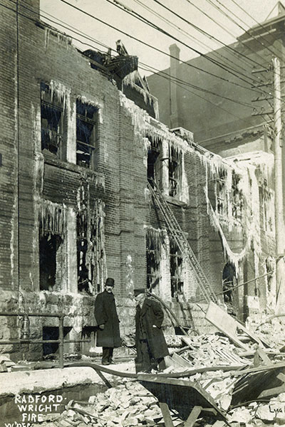 Postcard view of Radford-Wright Warehouse after fire