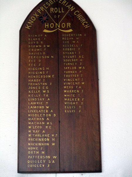 War memorial plaque for Knox Presbyterian Church