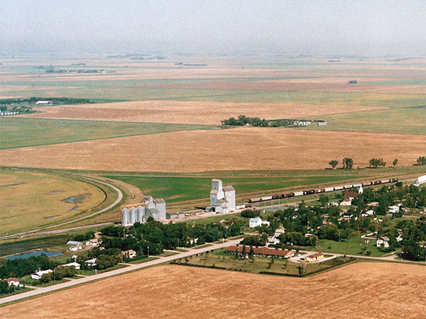 Aerial view of the Manitoba Pool grain elevators B (left) and A (right) at Rosenfeld
