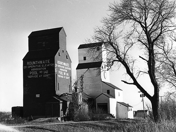 Manitoba Pool grain elevators at Rounthwaite, with the A in the foreground and B in the background