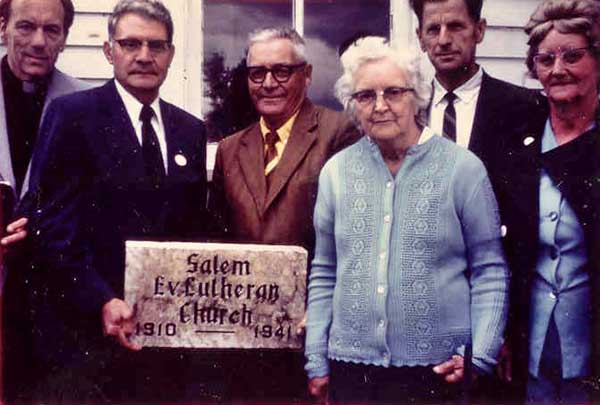 A group of parishioners at Wampum Lutheran Church. Left to right: unknown, Gustav Nordvall, Julius Lee, Gina Lee, Fred Spence, Emma Hanson