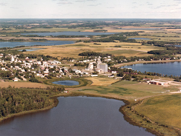 Aerial view of grain elevators at Sandy Lake