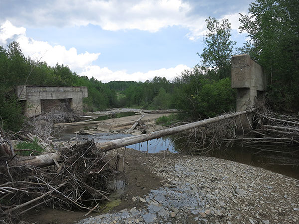 Abandoned piers for a concrete bridge over the Sclater River