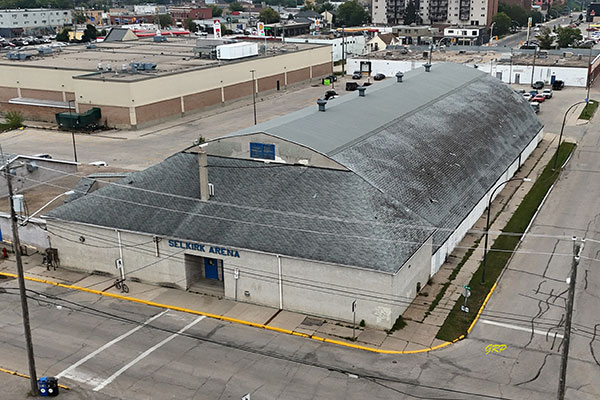 Aerial view of Selkirk Arena and Memorial Hall