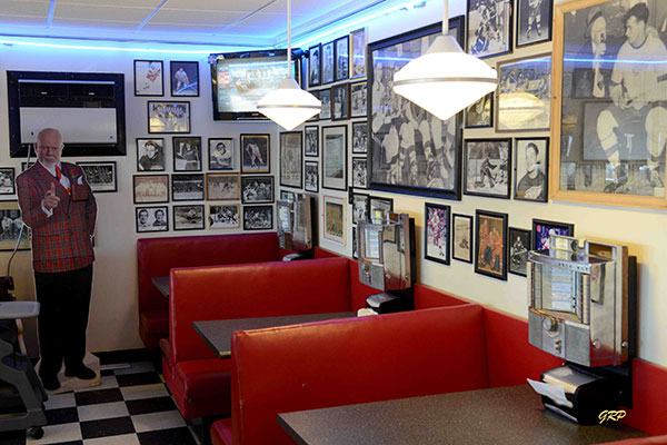 Wall of hockey memorabilia at Skinner’s Restaurant