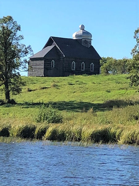 The former St. Anthony Petchersky Ukrainian Catholic Church after its move to an undisclosed site east of the Winnipeg River