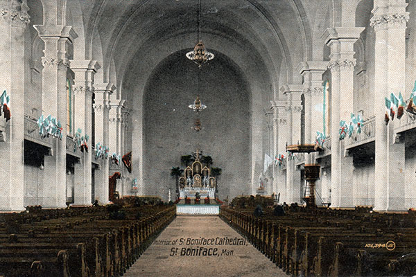 Postcard view of interior of St. Boniface Cathedral