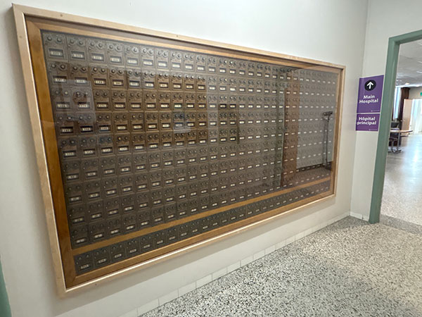 Historical mailboxes inside the St. Boniface School of Nursing Building