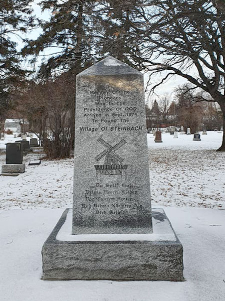 Pioneer commemorative monument in Steinbach Pioneer Cemetery