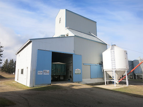 The former Stephenfield grain elevator, now a private seed-cleaning plant