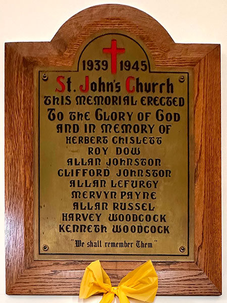 Second World War honour roll in St. John’s Memorial Church in Bethany