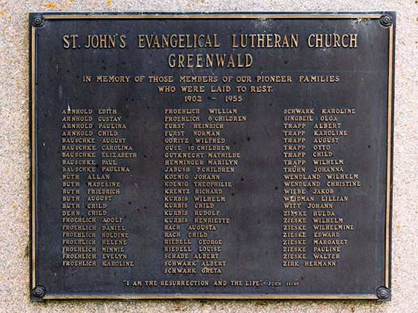 Commemorative plaque in St. John’s Evangelical Lutheran Old Cemetery