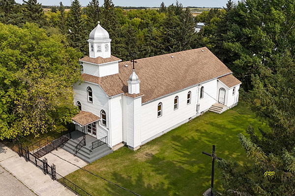 Aerial view of St. Josaphat Ukrainian Catholic Church at Shoal Lake