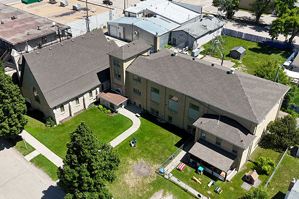 Aerial view of St. Mary's la Prairie Anglican Church and Parish Hall