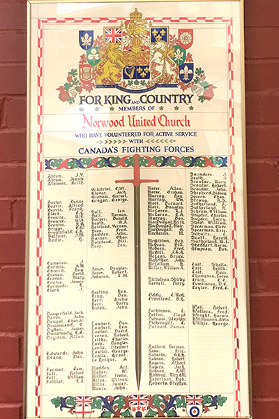 Second World War commemorative plaque for Norwood United Church
