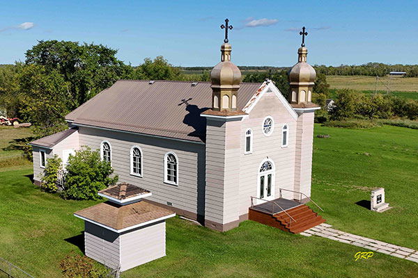 Aerial view of the Sts. Peter and Paul Ukrainian Catholic Church at Rorketon