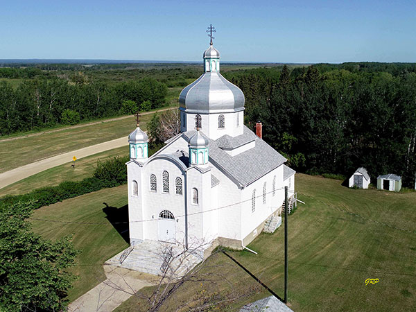 Aerial view of Sts. Peter and Paul Ukrainian Greek Orthodox Church in Ethelbert