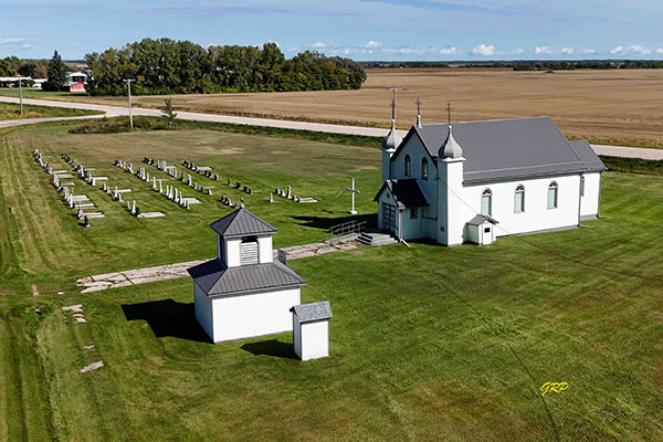 Aerial view of the St. John the Baptist Ukrainian Catholic Church and Cemetery at Fork River