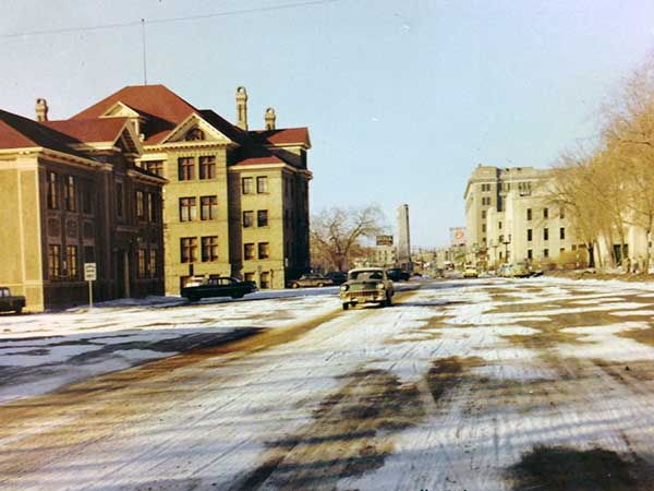 University of Manitoba building at left with the Hudson’s Bay Company store in the background