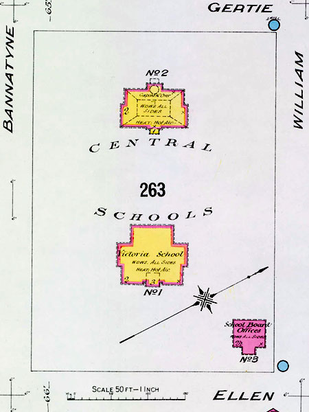 Map of the Central Schools, later renamed Victoria School and Albert School, along with the Winnipeg School Board office building on the site