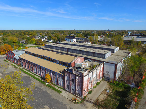Aerial view of the former Vulcan Iron Works buildings