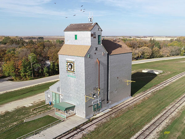 Aerial view of the former Manitoba Pool grain elevator at Warren