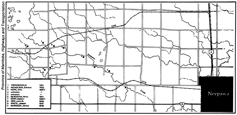Sites of massive turn of the century brick homes located by the Stoney Creek. Numbers 3, 7 and 8 were, respectively, the John Kerr, Robert Kerr, and John Orr Sr. residences.