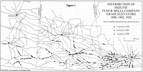 Distribution of Ogilvie Flour Mills Company grain elevators, 1890, 1902, 1920.