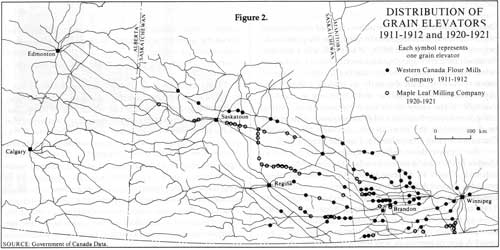 Distribution of grain elevators 1911-12 and 1920-21.