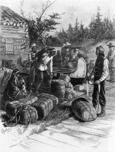 “At the portage, Hudson’s Bay Company employees on their annual expedition,” from Picturesque Canada, 188