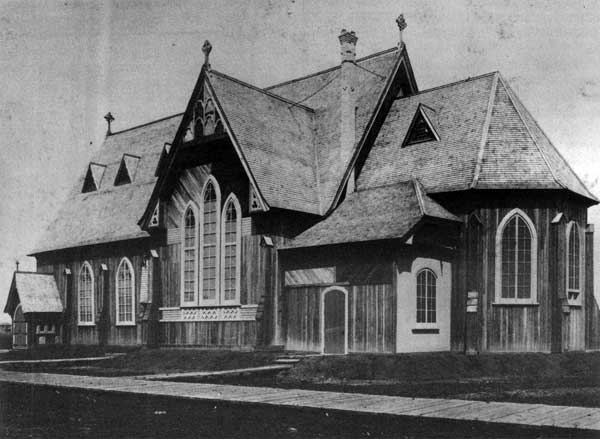 All Saints Anglican Church, 1886. This original wood frame church on Broadway was replaced by the present stone building in 1926. All Saints Anglican Church, 1886. This original wood frame church on Broadway was replaced by the present stone building in 1926.