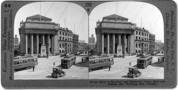 A busy intersection. The Bank of Montreal’s grand office building