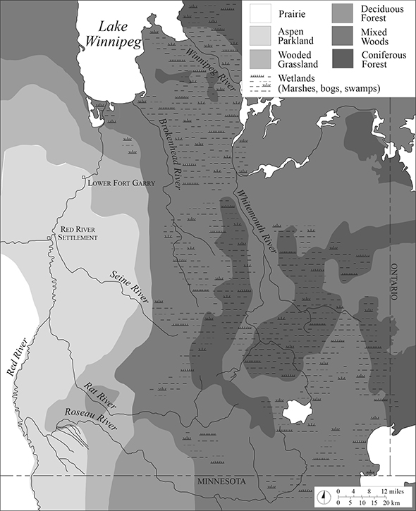 Figure 1. Vegetation map of southeastern Manitoba at the time of the Red River Settlement, based on early land surveys.