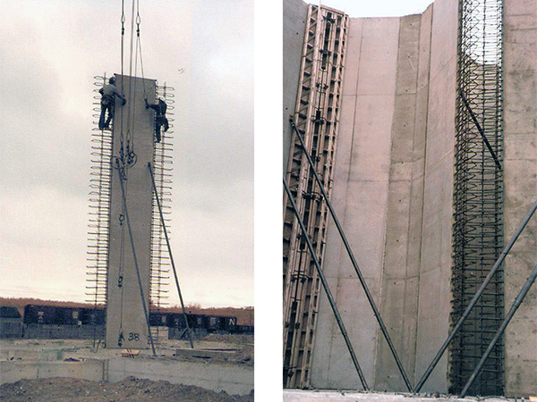 An experimental elevator built at Quadra using pre-cast concrete panels (top, 1979) is still in use for grain storage (bottom, 2016).