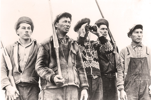 Goose hunters at Marsh Point near York Factory, circa 1940. For centuries goose hunting had been a major provisioning activity for the Cree of the York region.